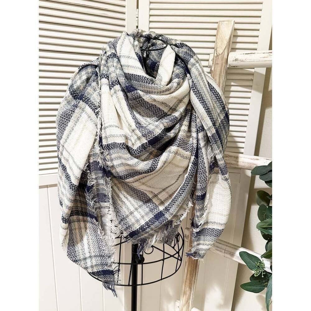 Oversized Plaid Blanket Scarf with Fringe